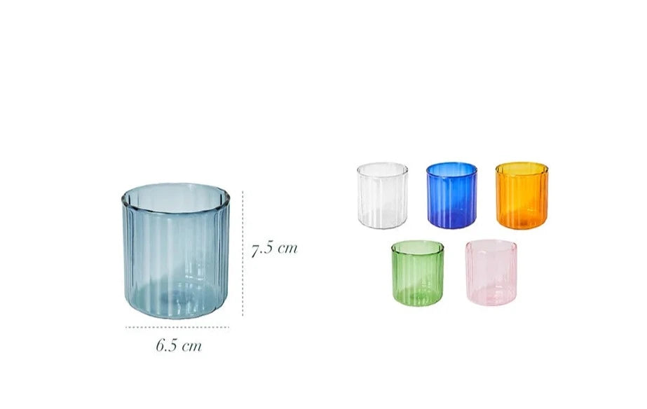 Colorful Hozi Small Tumbler, vibrant mix-and-match design, made from heat-resistant high borosilicate glass, ideal for tea, juice, coffee, cocktails. Perfect for home decor enthusiasts, enhancing drink experiences with fun and style.