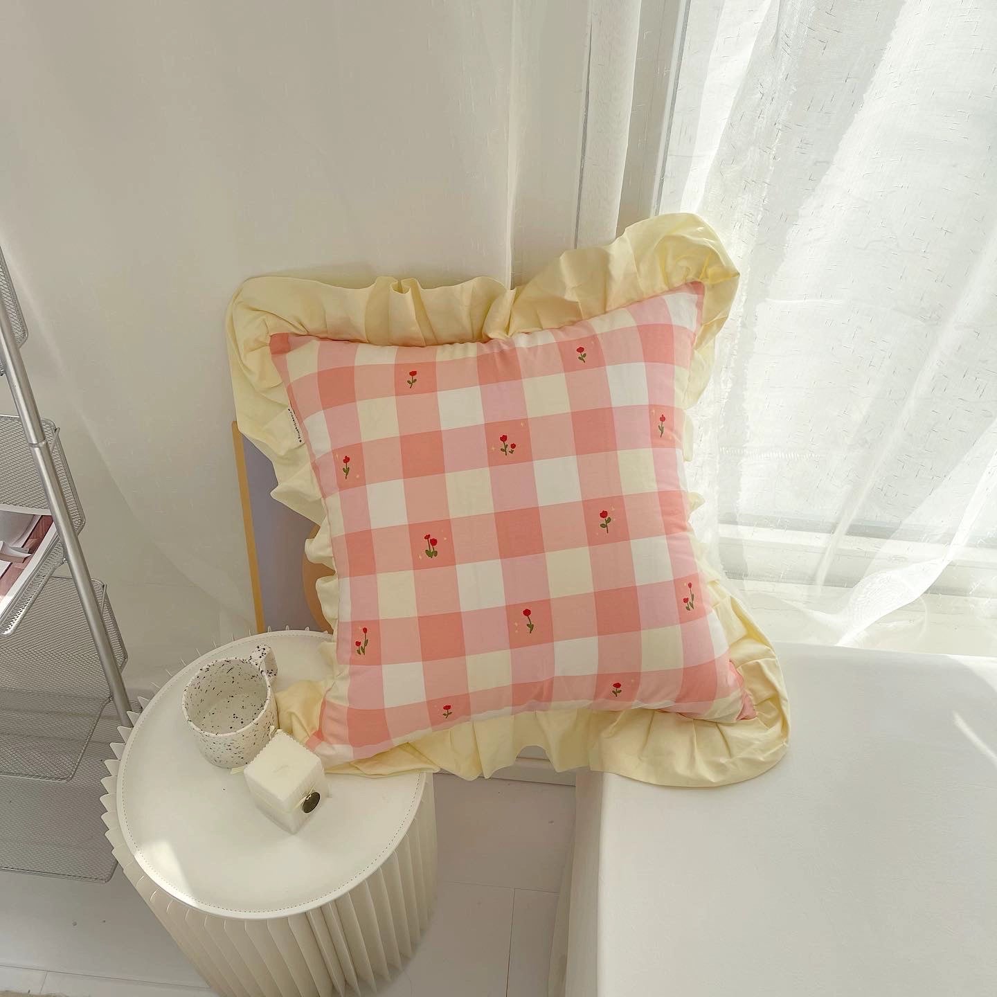 Kade Throw Pillow - Pink and white plaid with tulip details, cotton, 45x45 cm, with or without ruffle, cover or insert. Shop now.