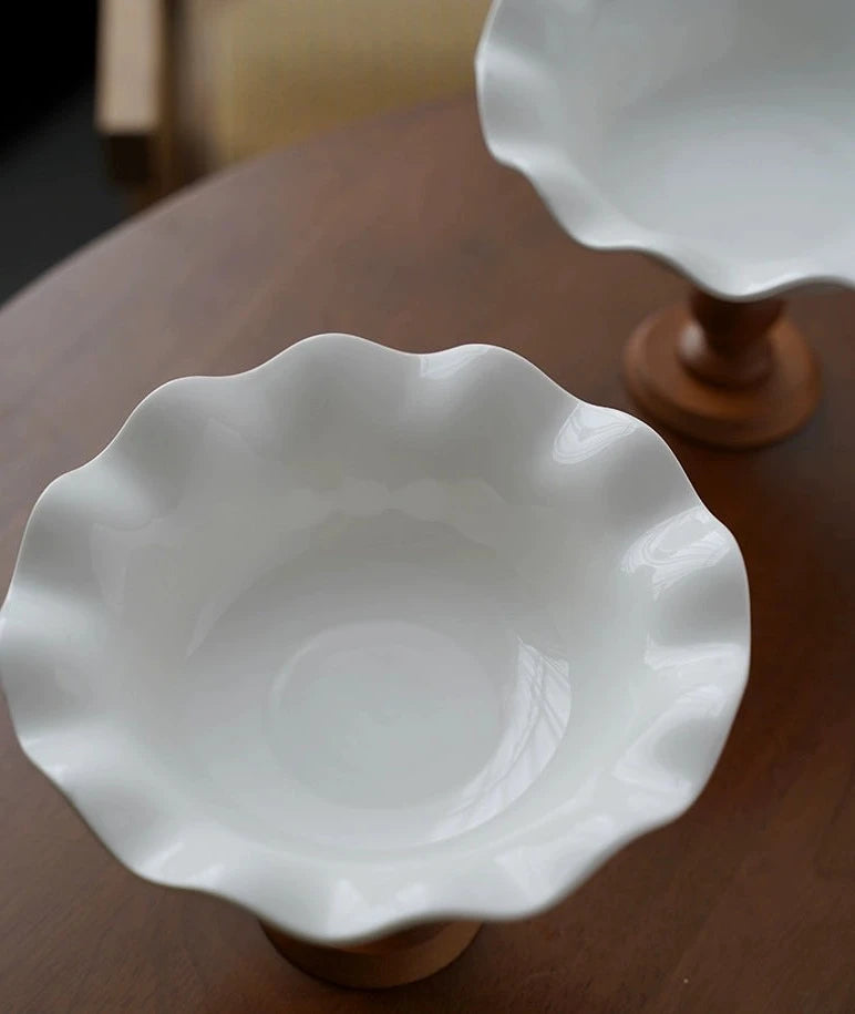 Ezra Serving Bowls: Ceramic on Wooden Base - Vintage Charm for Entertaining