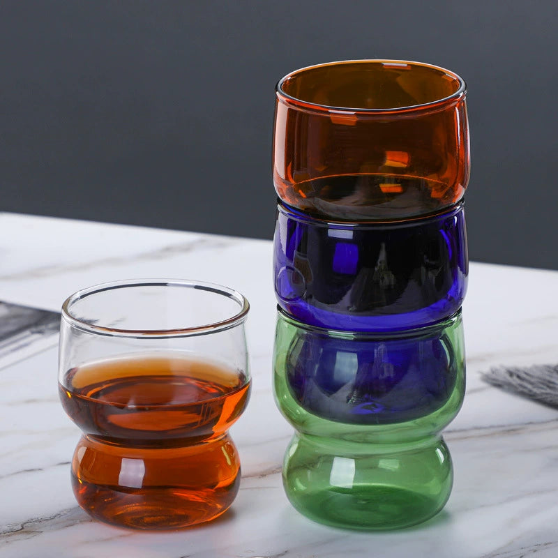 Yaffa Stackable Coffee Mugs - Hand-blown heat resistant glass in 4 colors, holds 10 ounces, perfect for home or office.