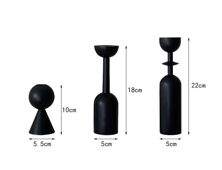 Farrah Candle Holder Collection in matte black, featuring modern geometric design. Available in three distinct shapes and sizes. Elevate your décor with this stylish and versatile candlestick. Can be purchased individually or as a set.