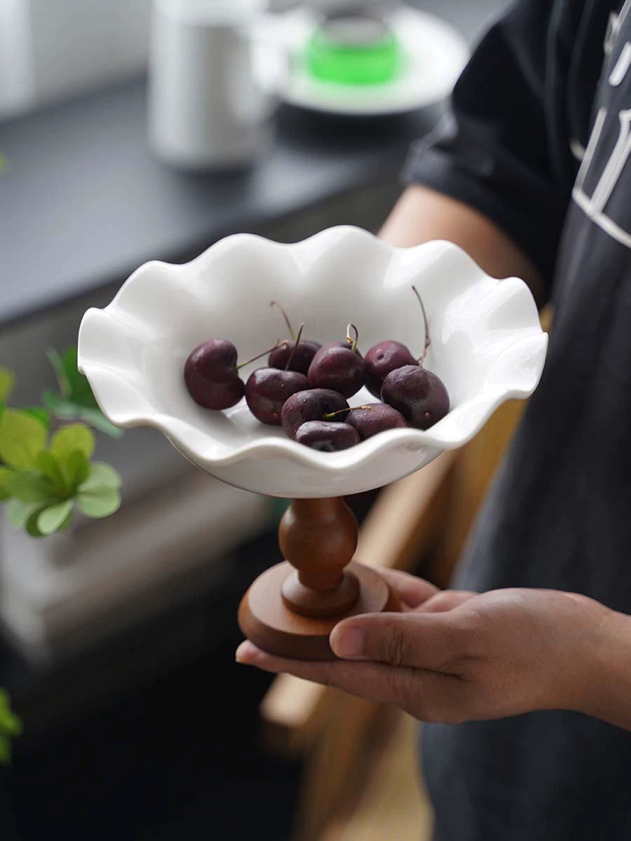 Ezra Serving Bowls: Ceramic on Wooden Base - Vintage Charm for Entertaining