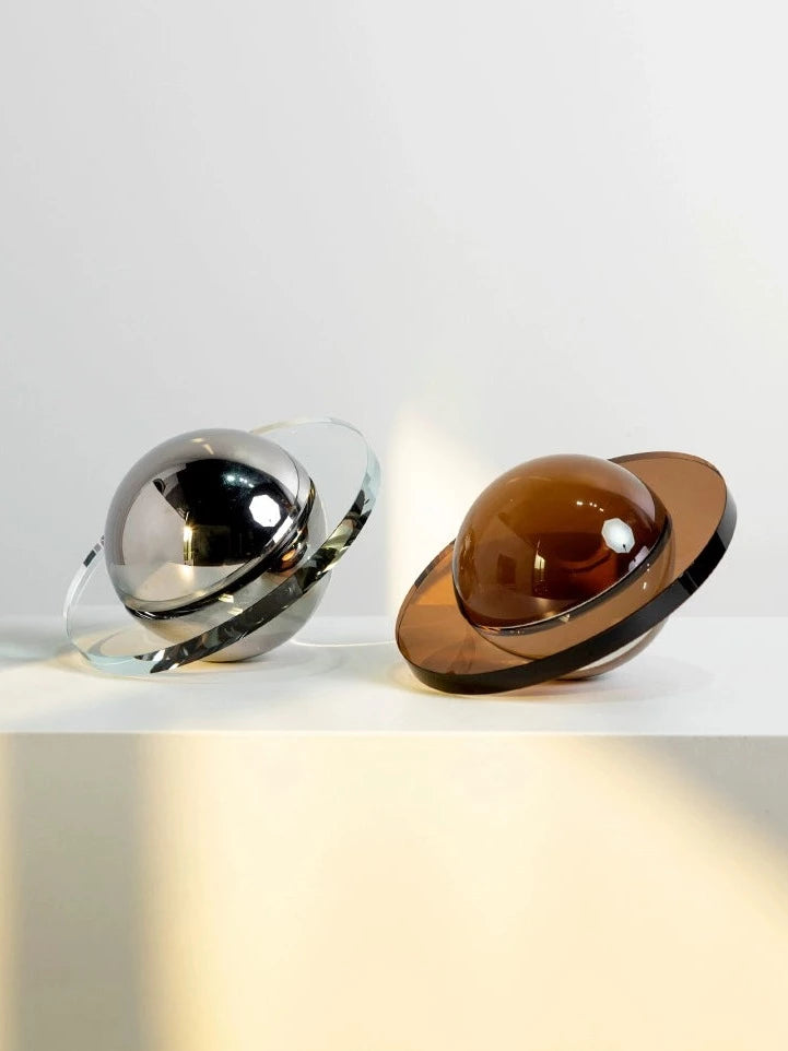 Modern crystal Flying Saucer Decorative Object in silver or brown finish. A captivating blend of contemporary design and cosmic inspiration, ideal for adding a unique touch to your space.