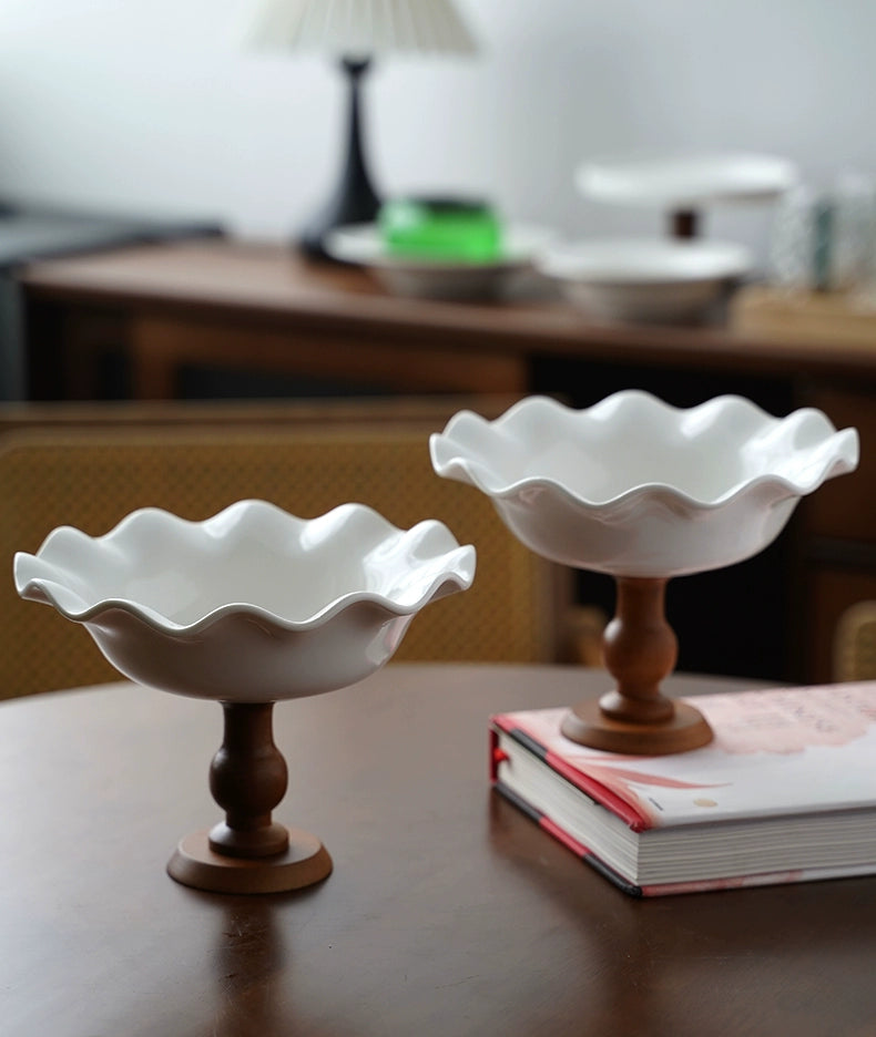 Ezra Serving Bowls: Ceramic on Wooden Base - Vintage Charm for Entertaining
