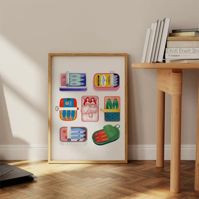 Prani Sardine Poster – vibrant printed wall art inspired by canned sardines, featuring bold colors on cotton canvas, available in various sizes for a playful décor accent.