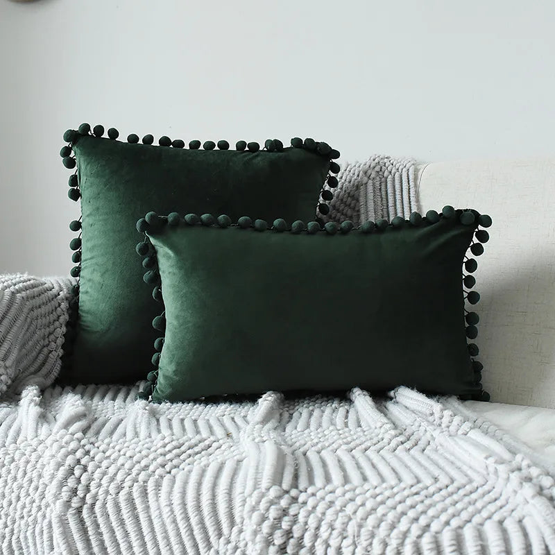 Yale Pillow Cover – luxurious velvet pillow cover with a small pom-pom border, available in multiple colors and sizes, adding a soft boho vibe to any room.