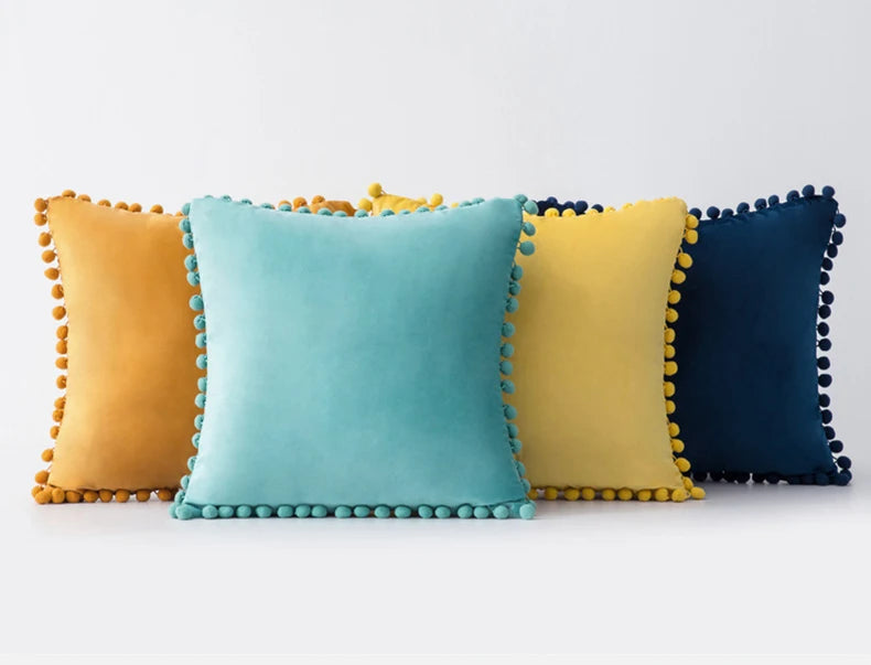Yale Pillow Cover – luxurious velvet pillow cover with a small pom-pom border, available in multiple colors and sizes, adding a soft boho vibe to any room.