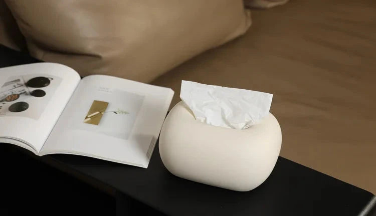 Rounded ceramic tissue box in a modern, minimalist design with four colorway options. A sleek and stylish home décor piece, perfect for living rooms, bedrooms, offices, or bathrooms.