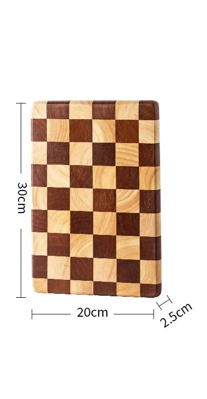 Rectangular wooden cutting board with a checkerboard pattern, available in three sizes. Features rounded corners and non-slip rubber feet, used for both meal prep and serving as a cheese board or decorative kitchen display.