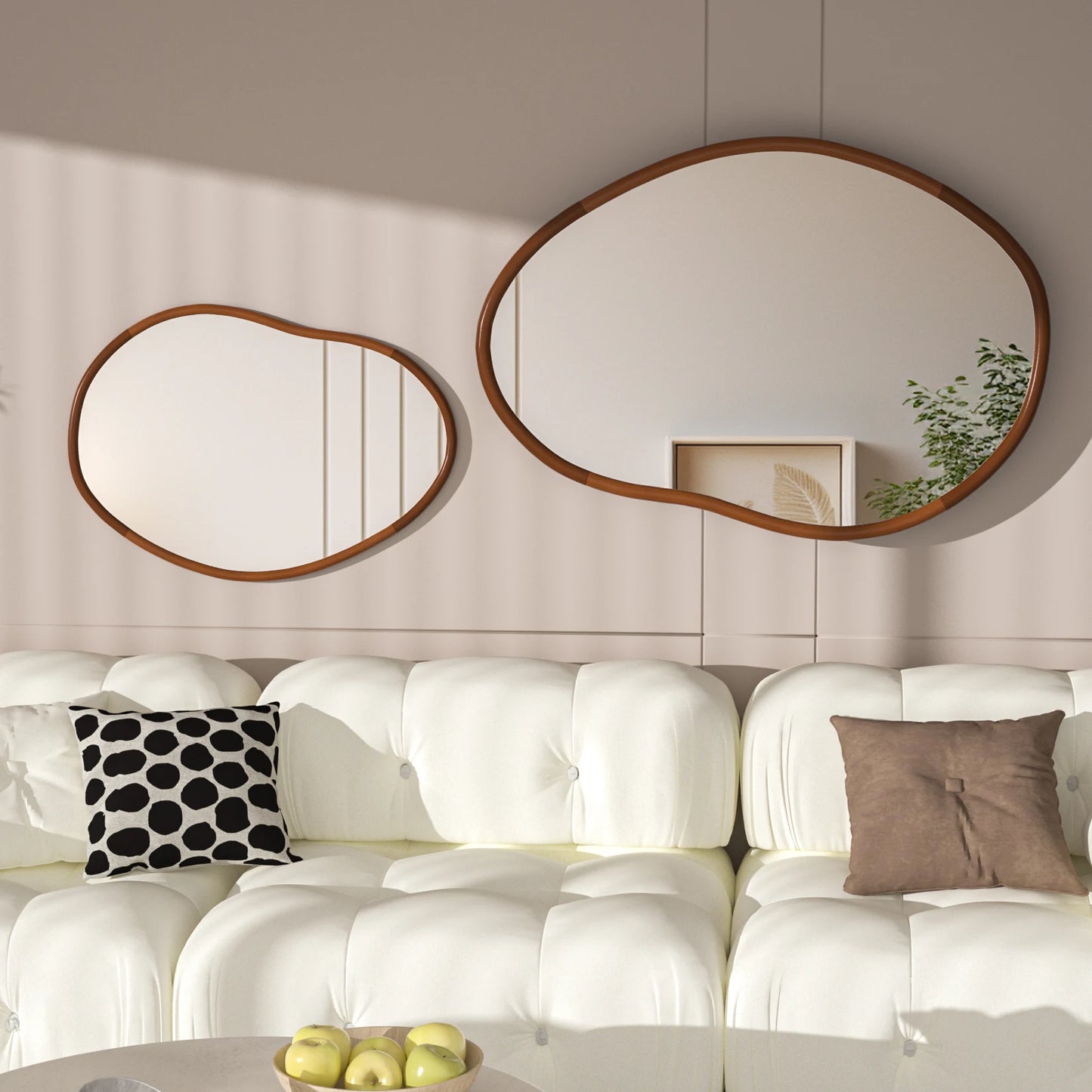 Brooke Mirror – organic-shaped mirror with a natural wood frame, available in small or large sizes, perfect for bathrooms, entryways, or as a stylish accent piece.
