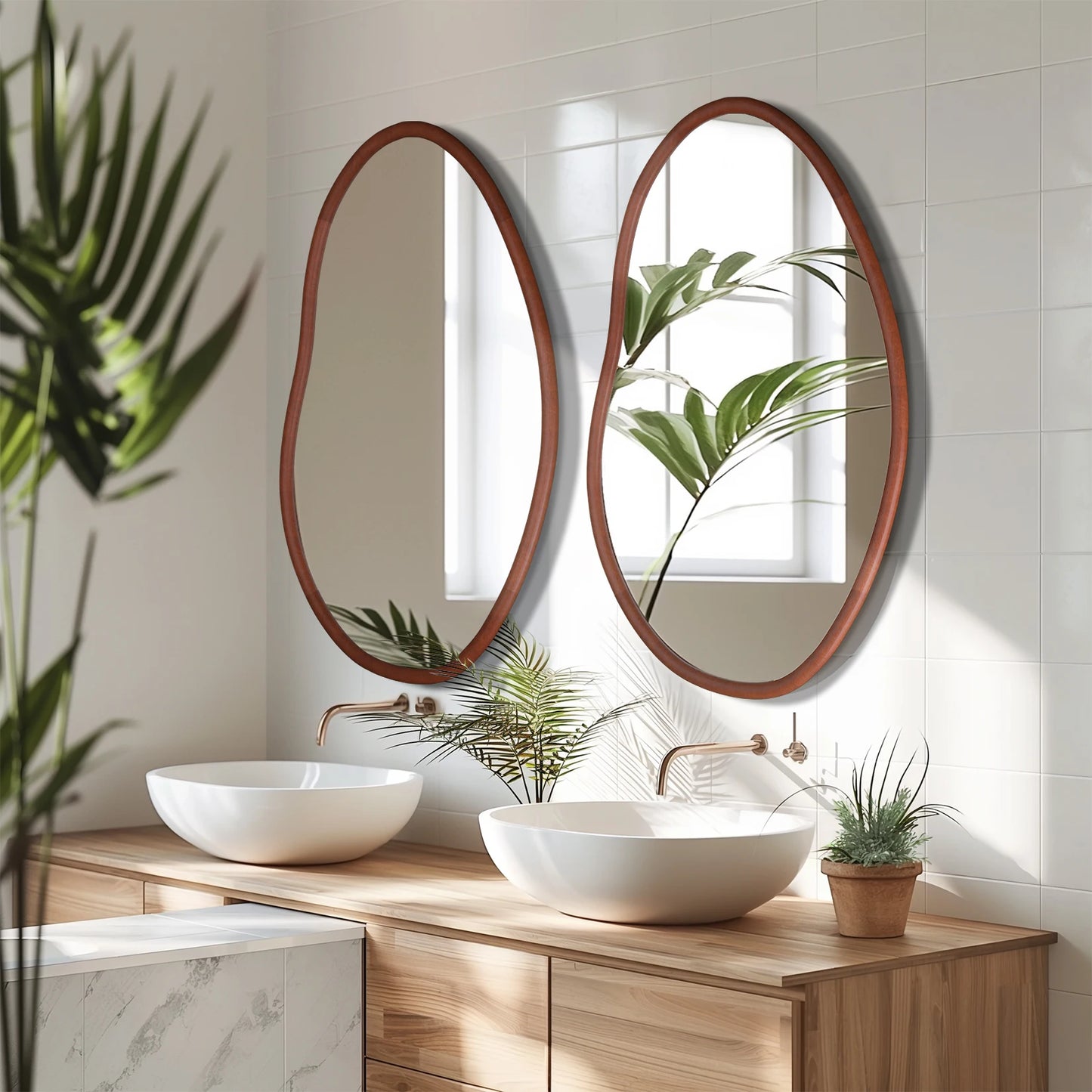 Brooke Mirror – organic-shaped mirror with a natural wood frame, available in small or large sizes, perfect for bathrooms, entryways, or as a stylish accent piece.