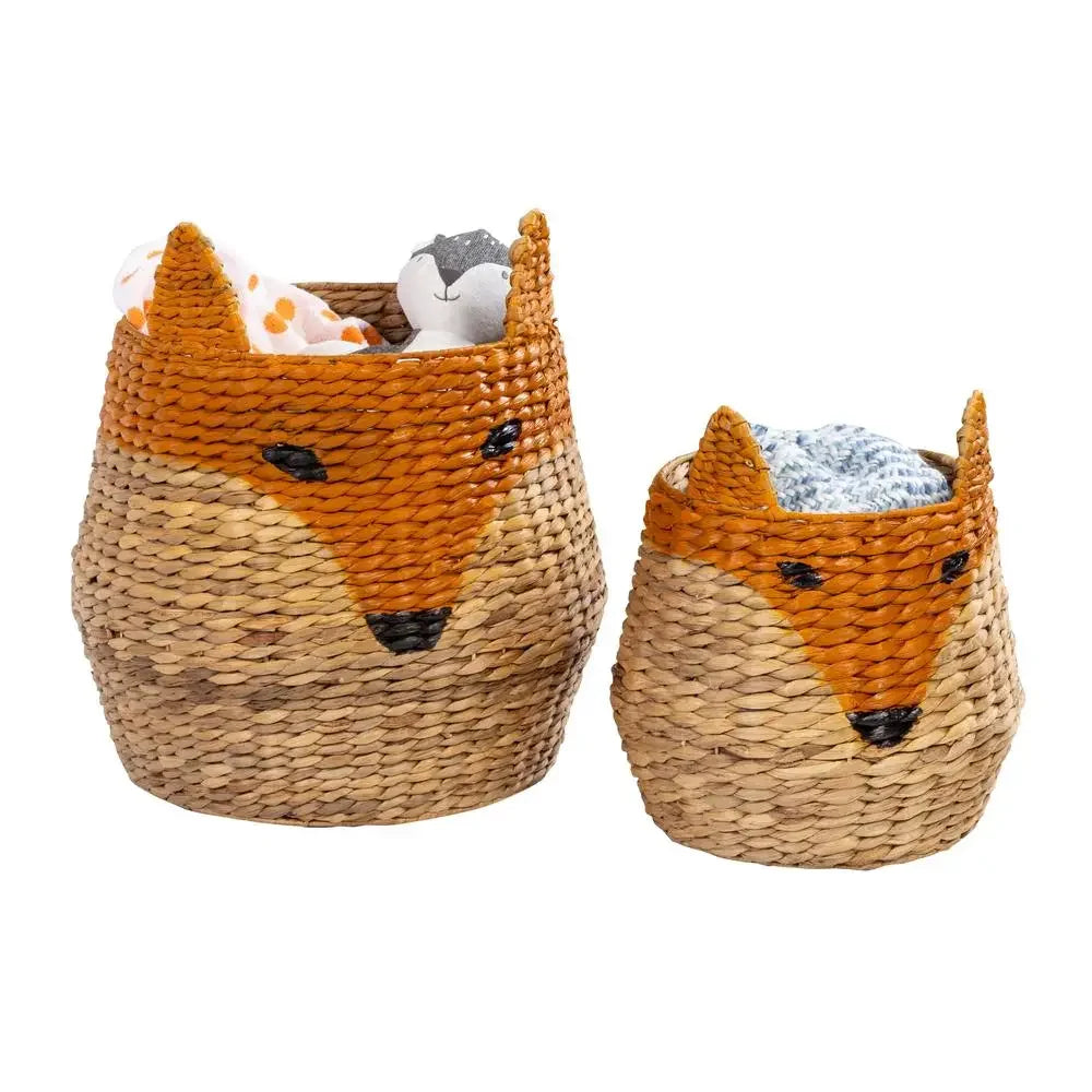 Joe Fox Storage Basket Set – set of two wicker baskets in a charming fox shape with orange accents, perfect for organizing toys, blankets, and household essentials.