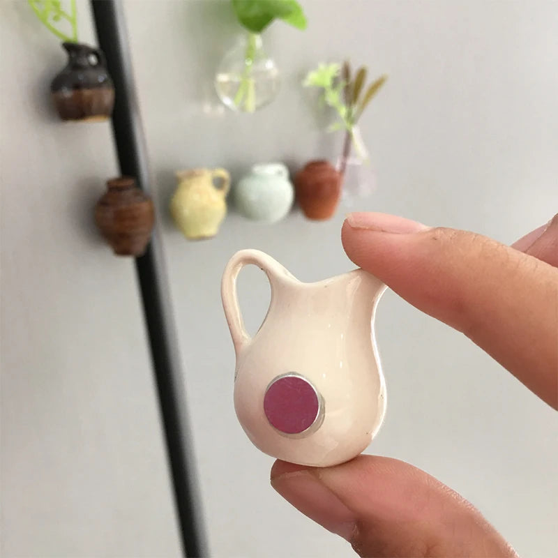 Pru Mini Vase Magnets – set of 8 ceramic mini vases with unique designs, perfect for decorating magnetic surfaces and holding tiny flowers or herbs.