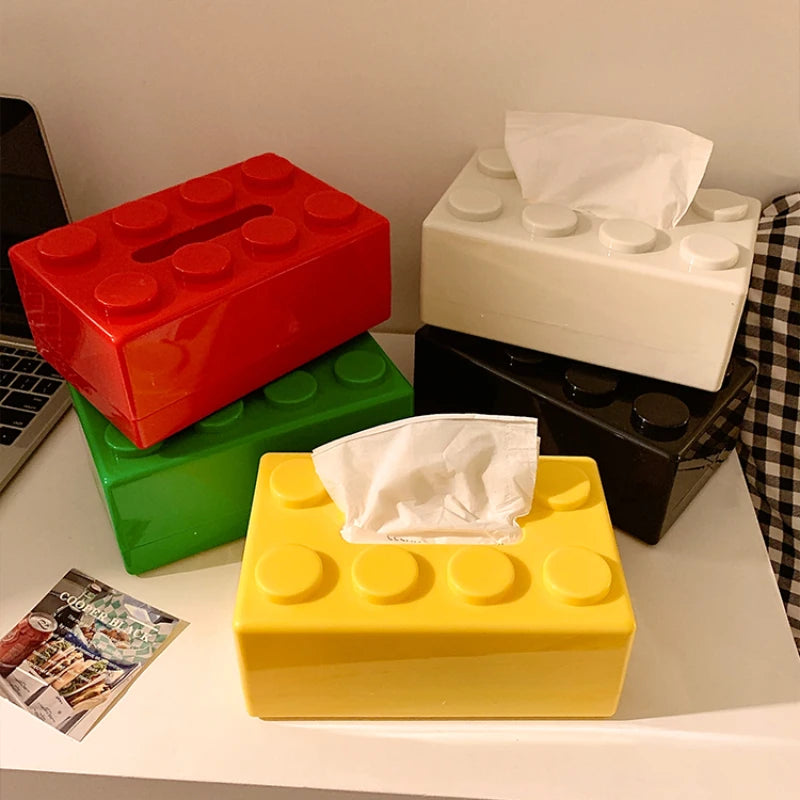 Colorful Fallon Tissue Box in playful building block shape – perfect for kids' rooms and adding a fun touch to any space.