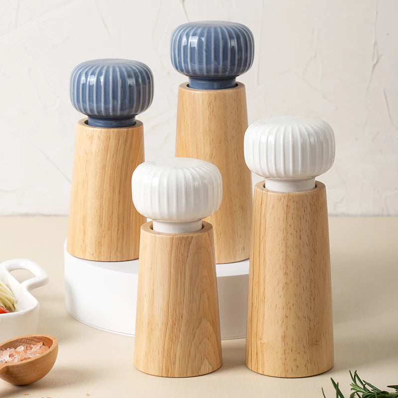 Ugalde Salt & Pepper Mill – elegant rubberwood and ceramic mills in white or indigo, featuring adjustable coarse and fine grinding, available in two sizes for a stylish kitchen upgrade.