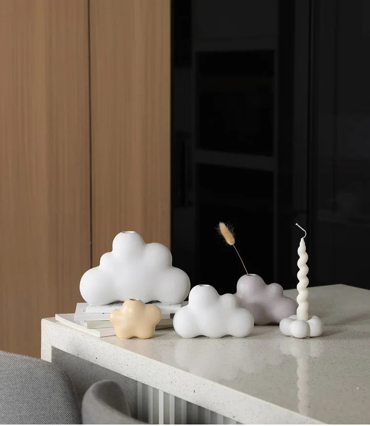 Modern ceramic Uchi candle holder in flower shape, available in various colorways, perfect for small or large candles.