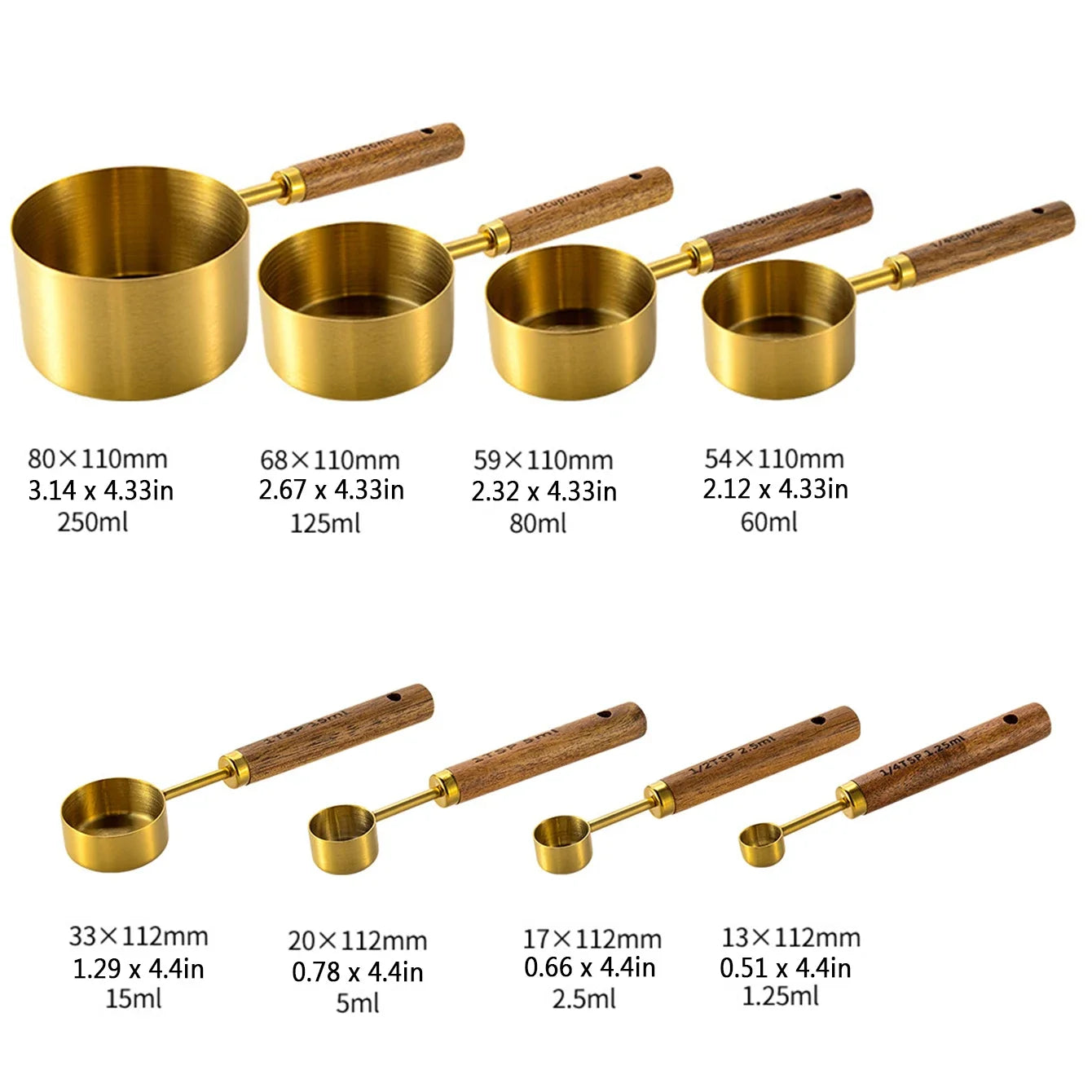 Stylish Lydia Measuring Cup & Spoon Set with wooden handles and stainless steel in black or gold, 8-piece set with engraved sizes for precise measurements, perfect for home décor enthusiasts and functional kitchen style.