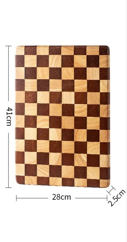 Rectangular wooden cutting board with a checkerboard pattern, available in three sizes. Features rounded corners and non-slip rubber feet, used for both meal prep and serving as a cheese board or decorative kitchen display.