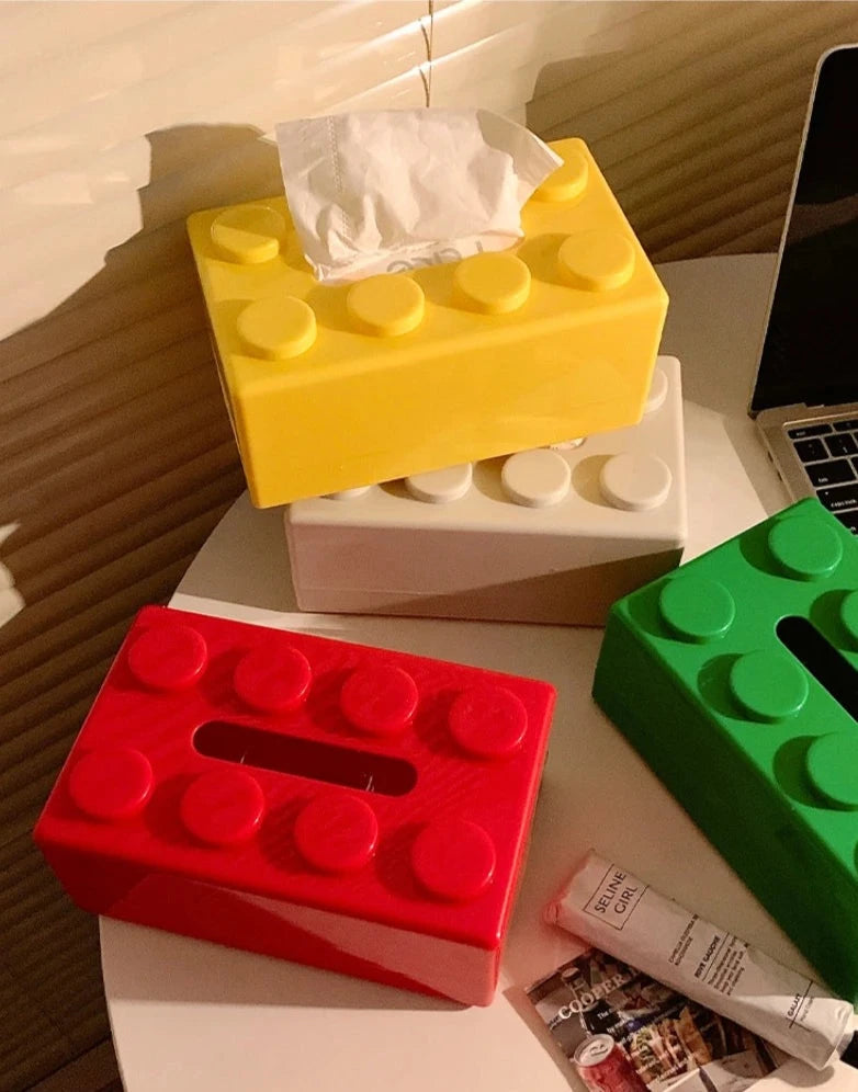 Colorful Fallon Tissue Box in playful building block shape – perfect for kids' rooms and adding a fun touch to any space.