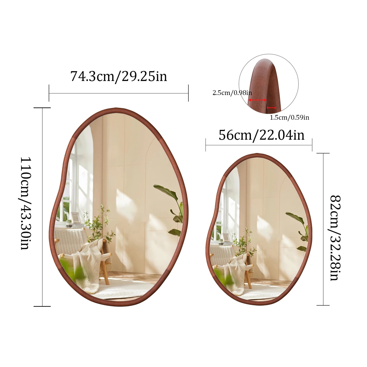 Brooke Mirror – organic-shaped mirror with a natural wood frame, available in small or large sizes, perfect for bathrooms, entryways, or as a stylish accent piece.