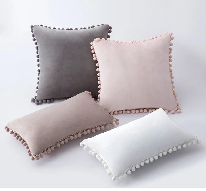 Yale Pillow Cover – luxurious velvet pillow cover with a small pom-pom border, available in multiple colors and sizes, adding a soft boho vibe to any room.