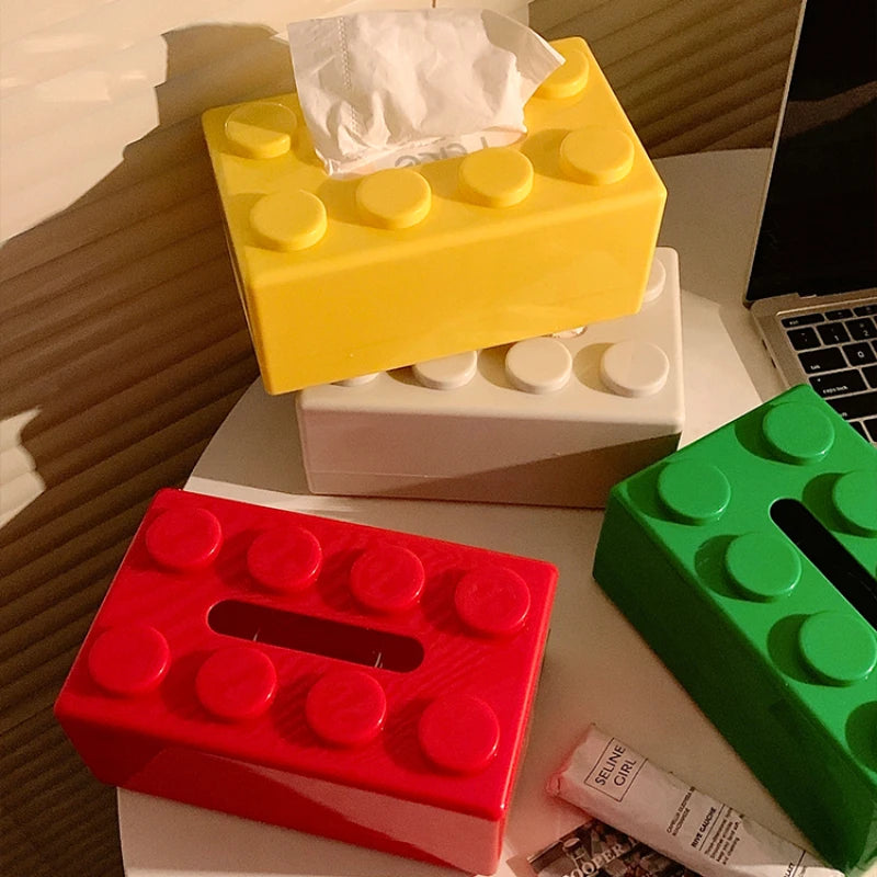Colorful Fallon Tissue Box in playful building block shape – perfect for kids' rooms and adding a fun touch to any space.