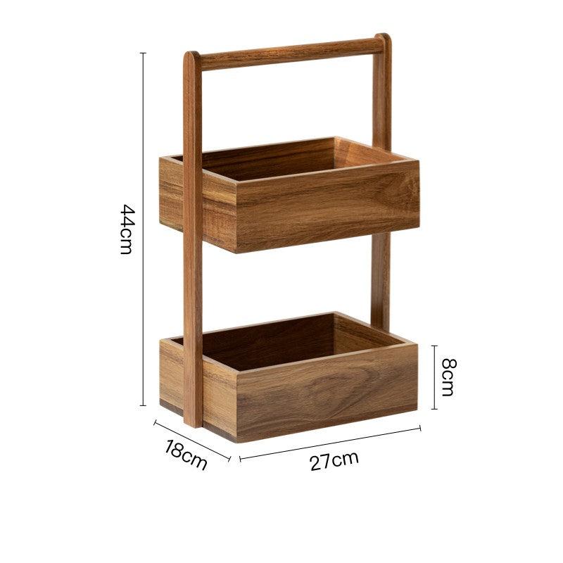 The Jacko Storage Rack features two levels made from solid acacia wood with a warm brown tone. Its simple and minimalist design makes it perfect for organizing countertops in kitchens, bathrooms, or any room in the home. This compact and stylish storage rack helps declutter while adding a touch of natural elegance, ideal for home décor enthusiasts seeking both functionality and aesthetic appeal.