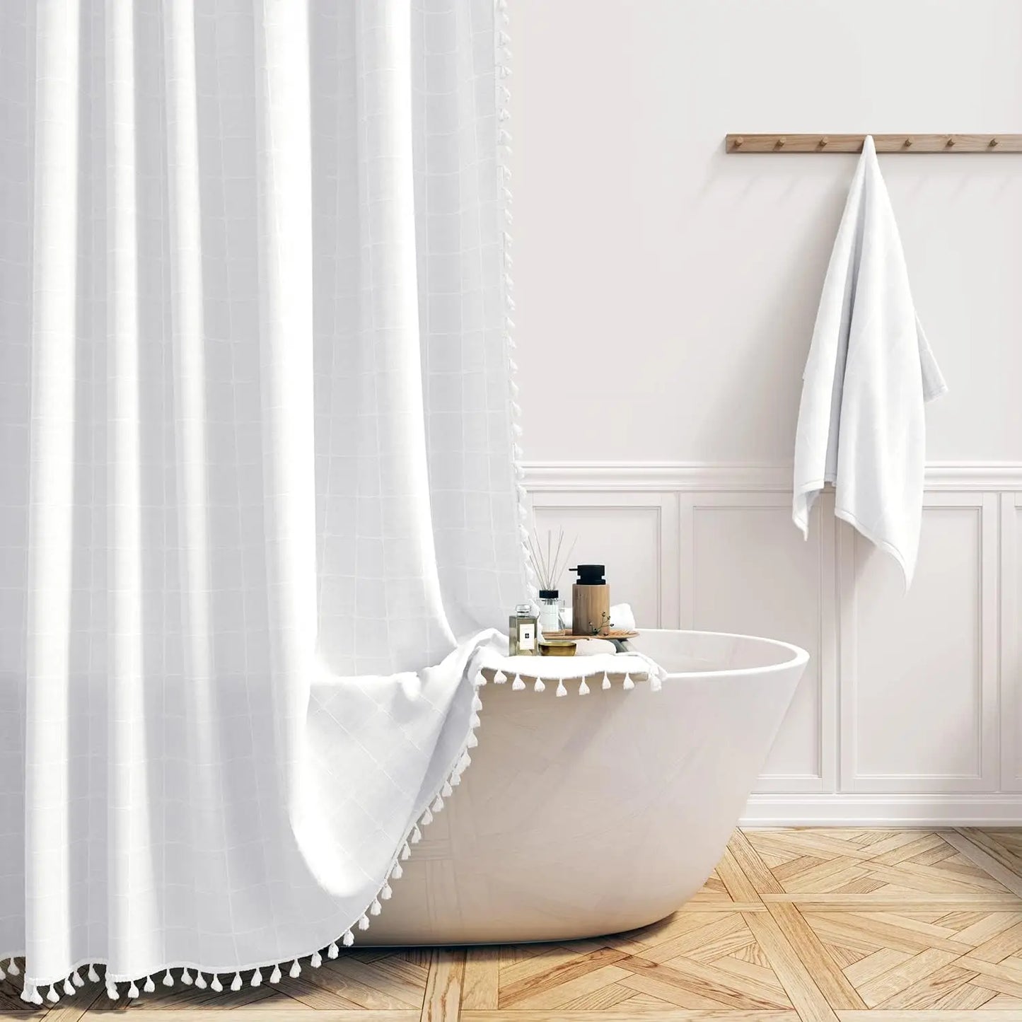 Xara Shower Curtain – white textured linen curtain with a tonal grid pattern, tassel details, and water-repellent fabric, measuring 72 x 96 inches for a boho-chic bathroom upgrade.