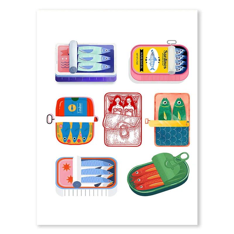 Prani Sardine Poster – vibrant printed wall art inspired by canned sardines, featuring bold colors on cotton canvas, available in various sizes for a playful décor accent.