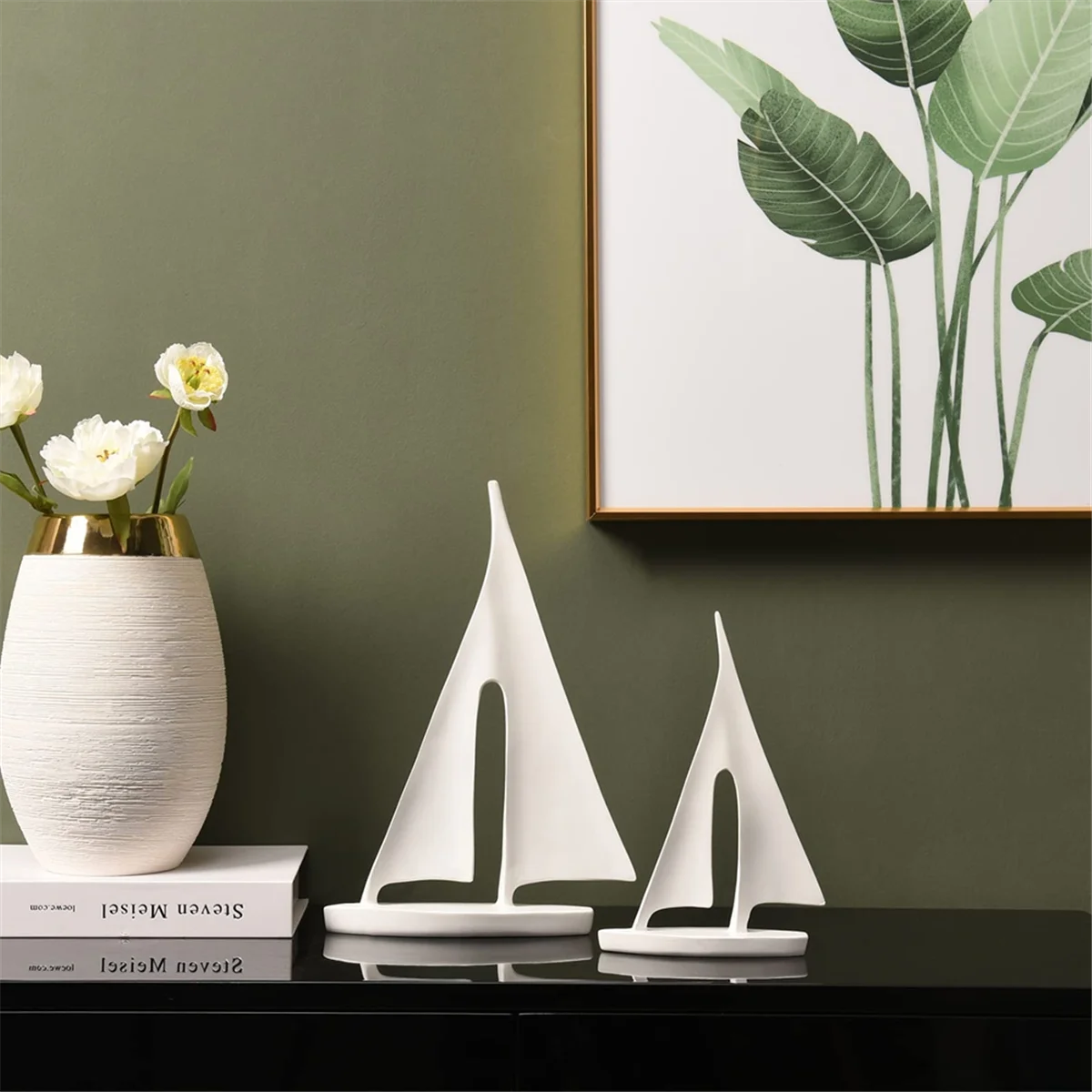 Zaz Sailboat Decorative Object – set of two white resin sailboats in small and large sizes, featuring a modern minimalist design, perfect for coastal-inspired décor.