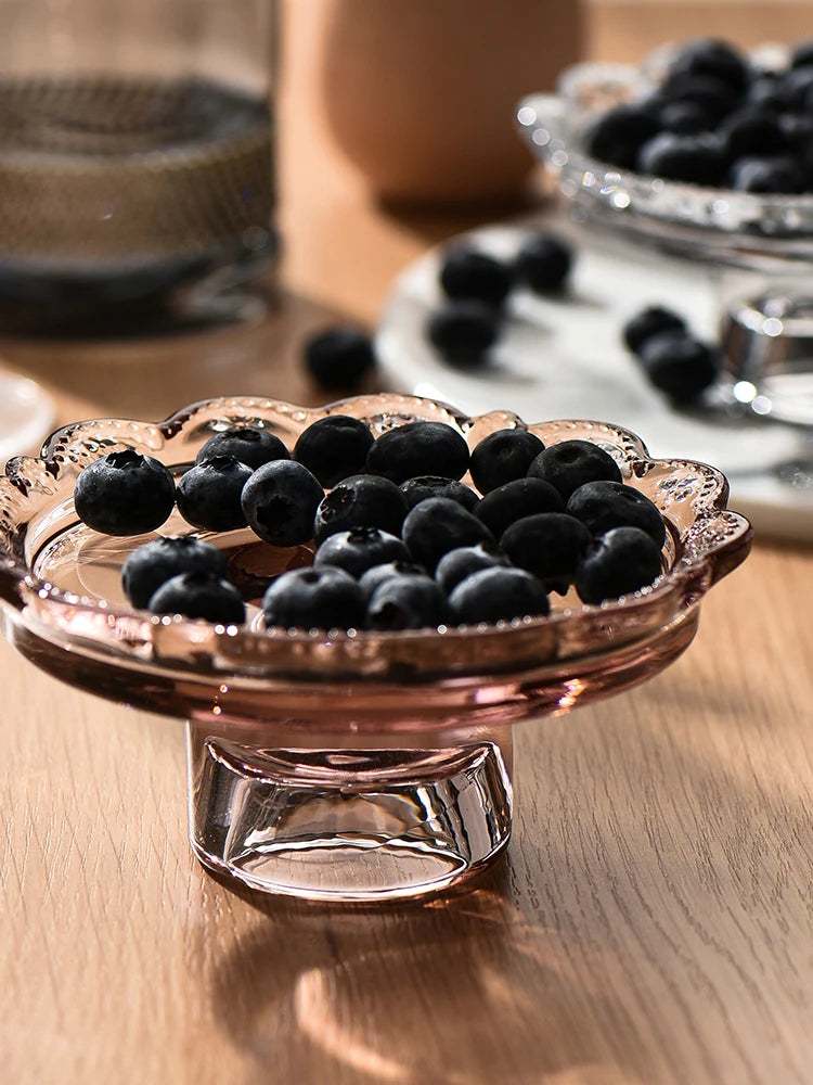Tulah Mini Pedestal Dish – vintage-inspired glass dish in pink or clear, perfect for showcasing mini desserts, candies, or small items with timeless charm.