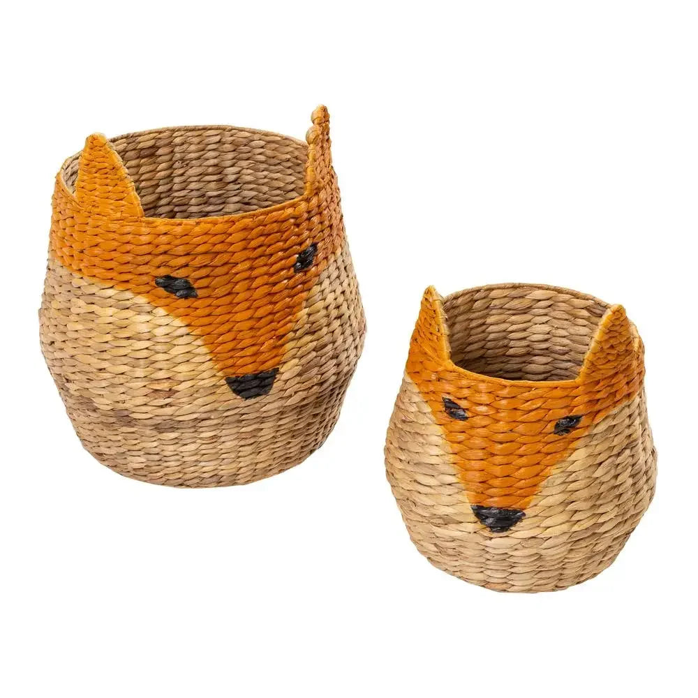 Joe Fox Storage Basket Set – set of two wicker baskets in a charming fox shape with orange accents, perfect for organizing toys, blankets, and household essentials.