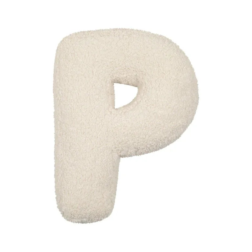 Yeats Throw Pillow – soft lambswool alphabet-shaped pillow in neutral beige, perfect for nurseries, playrooms, and kids' rooms as a cozy and educational accent.