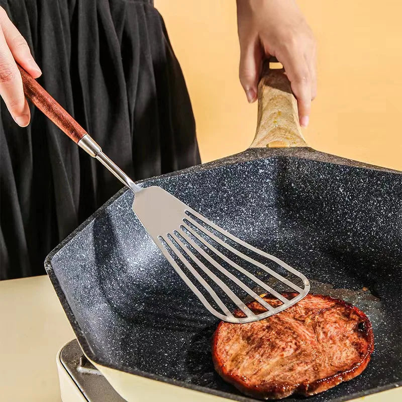 Wanda Serving Set – modern stainless steel serveware with elegant walnut handles, including a cake knife, cake shovel, serving spoon, ladle, and slotted turner for effortless entertaining.