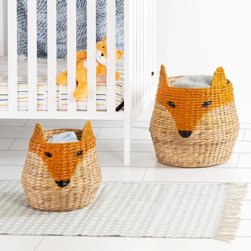 Joe Fox Storage Basket Set – set of two wicker baskets in a charming fox shape with orange accents, perfect for organizing toys, blankets, and household essentials.