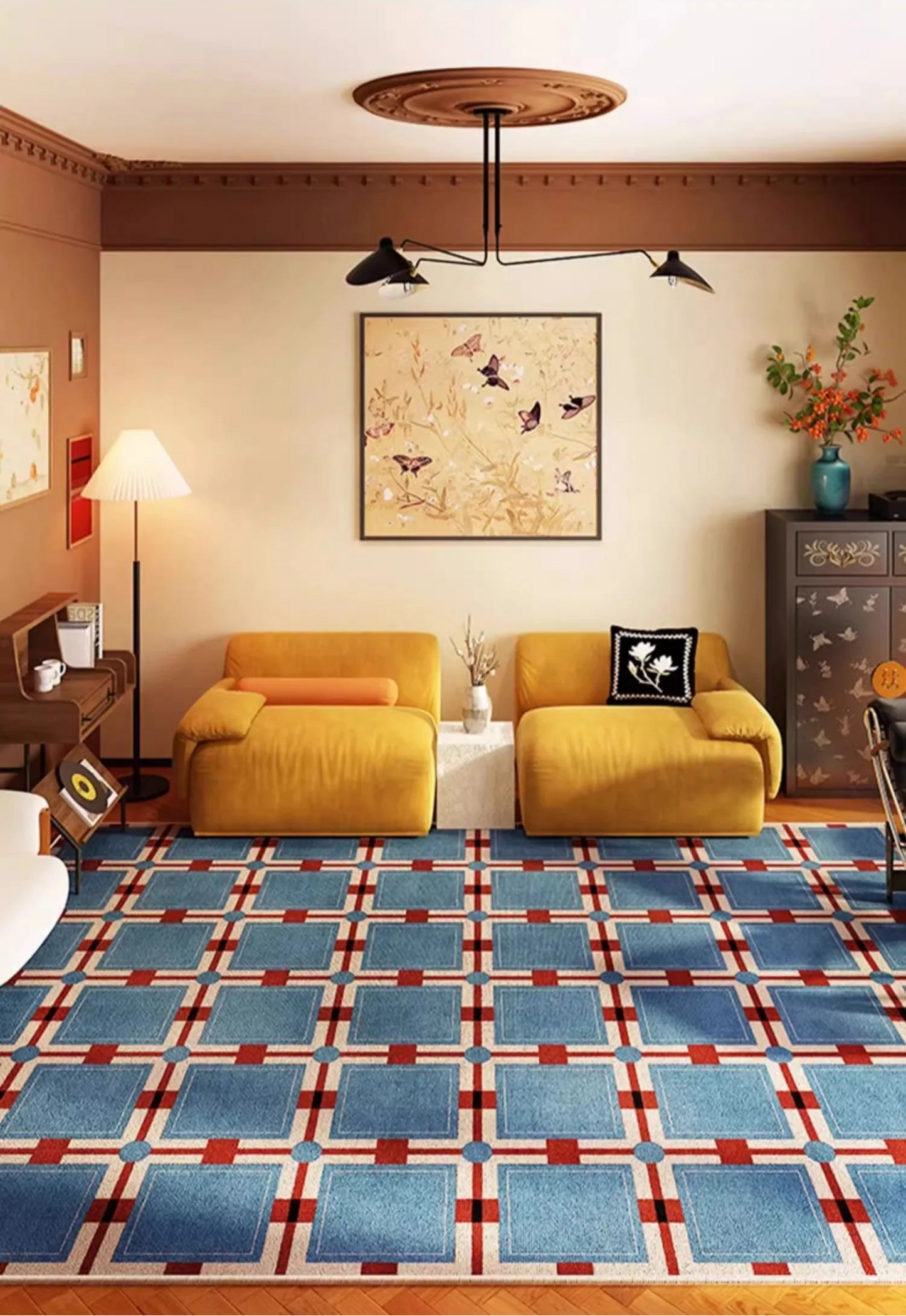 Otho Rug – chic red and blue plaid area rug with a geometrical pattern, soft low-pile texture, and anti-slip backing, available in various sizes for modern comfort.