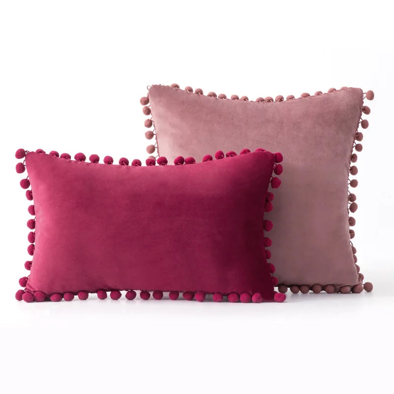 Yale Pillow Cover – luxurious velvet pillow cover with a small pom-pom border, available in multiple colors and sizes, adding a soft boho vibe to any room.