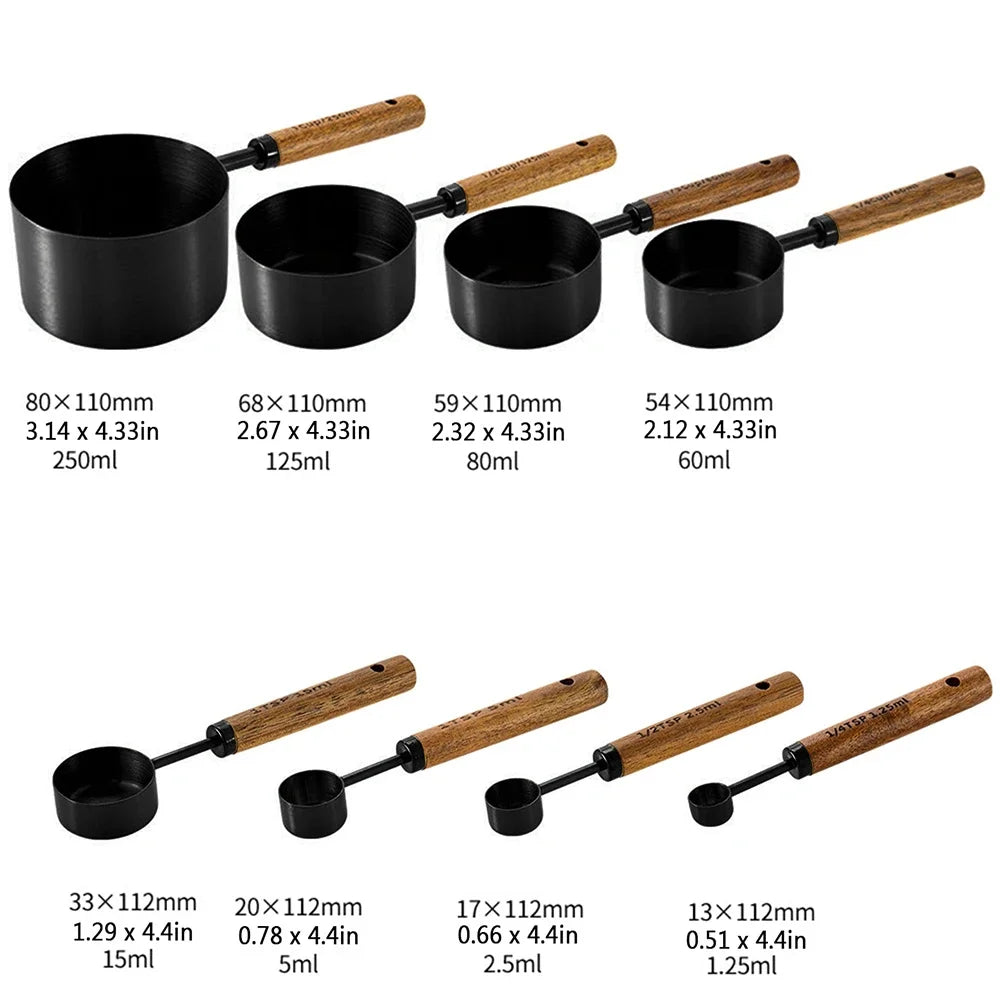 Stylish Lydia Measuring Cup & Spoon Set with wooden handles and stainless steel in black or gold, 8-piece set with engraved sizes for precise measurements, perfect for home décor enthusiasts and functional kitchen style.
