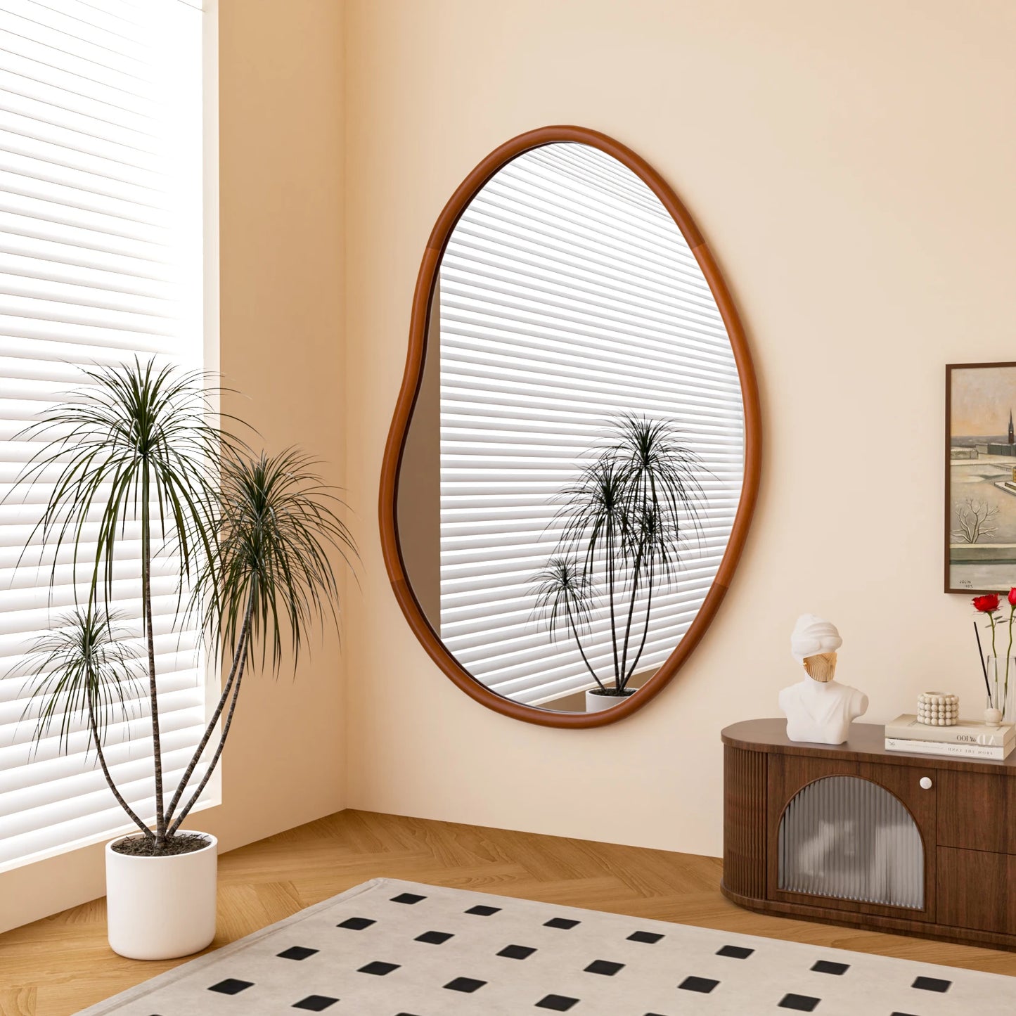 Brooke Mirror – organic-shaped mirror with a natural wood frame, available in small or large sizes, perfect for bathrooms, entryways, or as a stylish accent piece.