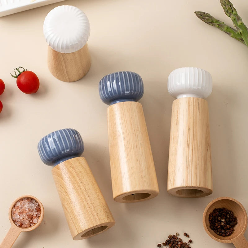Ugalde Salt & Pepper Mill – elegant rubberwood and ceramic mills in white or indigo, featuring adjustable coarse and fine grinding, available in two sizes for a stylish kitchen upgrade.