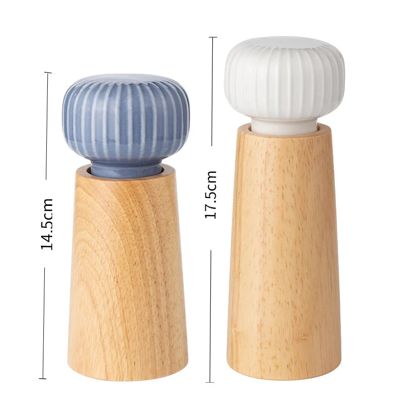 Ugalde Salt & Pepper Mill – elegant rubberwood and ceramic mills in white or indigo, featuring adjustable coarse and fine grinding, available in two sizes for a stylish kitchen upgrade.