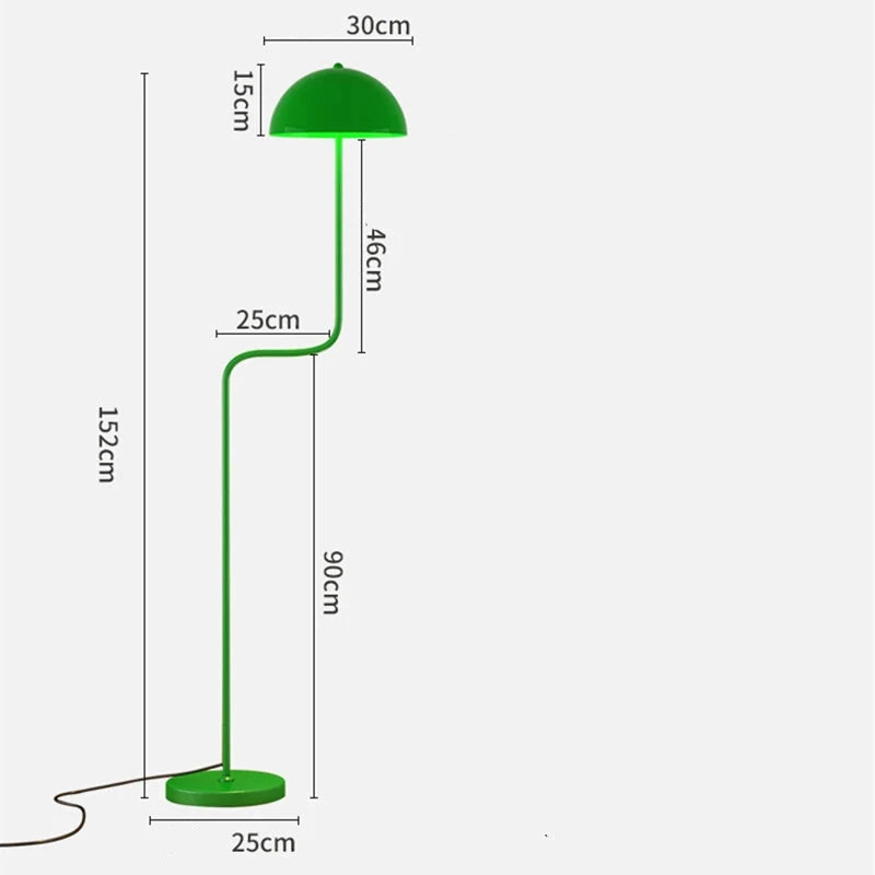 Image of the Tully Floor Lamp featuring a sleek, modern design with bright colorways. The lamp has a unique mushroom shape, made from durable metal, and includes an easy-to-use button switch. Perfect for home décor enthusiasts looking to add stylish accent lighting to their space.