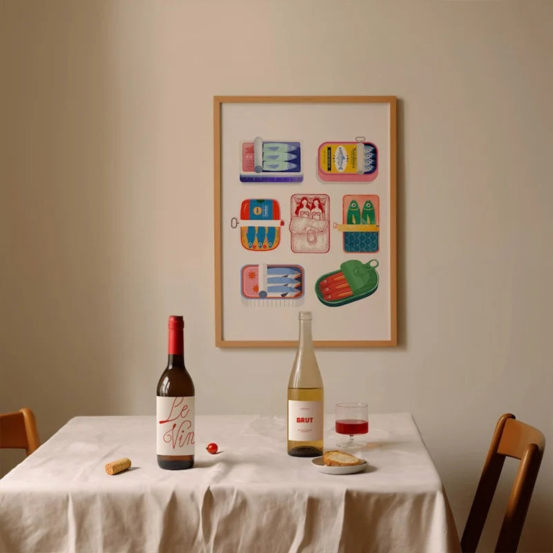 Prani Sardine Poster – vibrant printed wall art inspired by canned sardines, featuring bold colors on cotton canvas, available in various sizes for a playful décor accent.