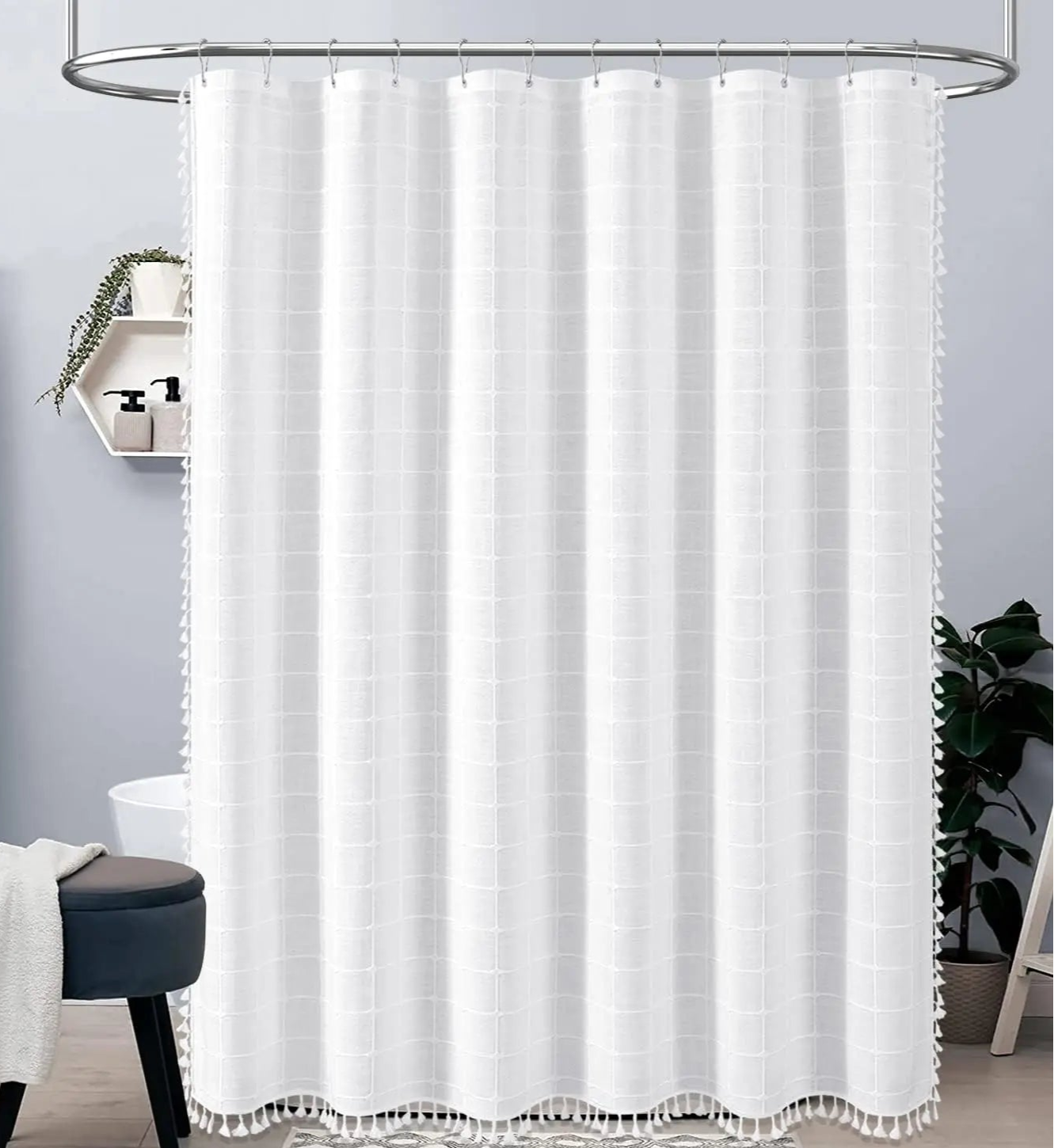 Xara Shower Curtain – white textured linen curtain with a tonal grid pattern, tassel details, and water-repellent fabric, measuring 72 x 96 inches for a boho-chic bathroom upgrade.