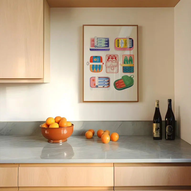 Prani Sardine Poster – vibrant printed wall art inspired by canned sardines, featuring bold colors on cotton canvas, available in various sizes for a playful décor accent.