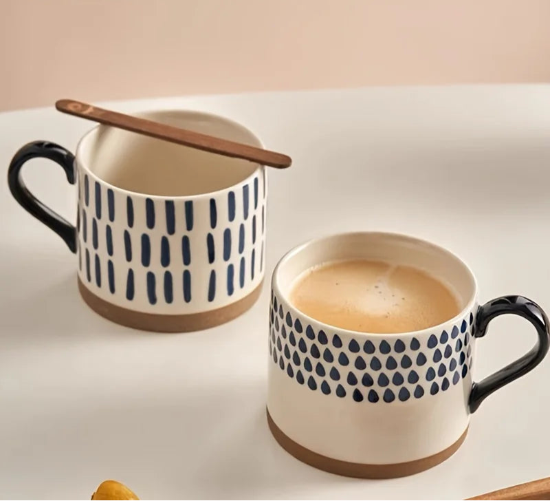 Vix Mug – 13oz cream ceramic mug with indigo-printed design, available in four unique styles, perfect for enjoying coffee, tea, or as a decorative piece.