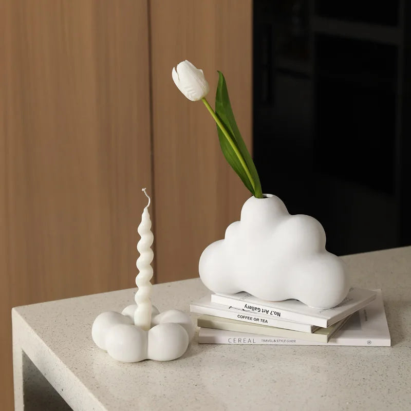 Modern ceramic Uchi candle holder in flower shape, available in various colorways, perfect for small or large candles.