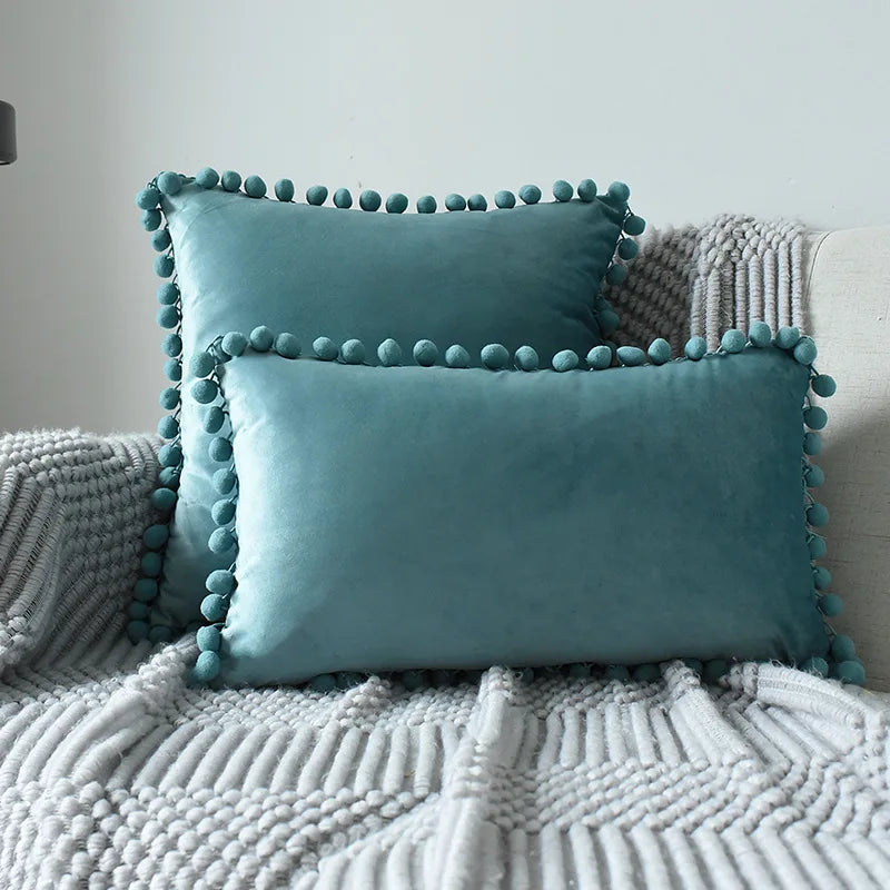 Yale Pillow Cover – luxurious velvet pillow cover with a small pom-pom border, available in multiple colors and sizes, adding a soft boho vibe to any room.