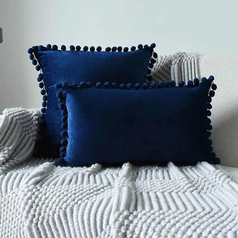 Yale Pillow Cover – luxurious velvet pillow cover with a small pom-pom border, available in multiple colors and sizes, adding a soft boho vibe to any room.