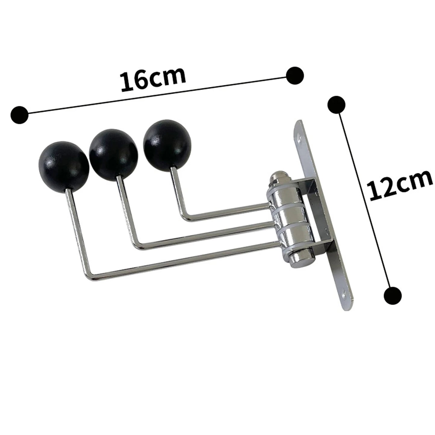 A silver wall-mounted rack with three hooks, each featuring bright wooden ball accents. The Randi Wall Rack has a modern yet vintage-inspired design, ideal for hanging towels or accessories in entryways, bathrooms, or bedrooms. Perfect for home decor enthusiasts seeking a stylish, space-saving storage solution.